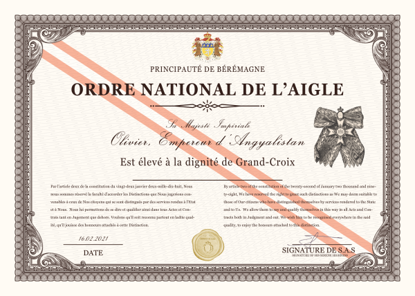 SMI Olivier élevé à la dignité de Grand-Croix de l’Ordre national de l’Aigle de la Principauté de Bérémagne